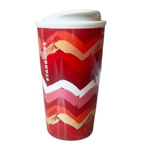 2014 Starbucks Holiday Chevron Stripes Double Wall Ceramic Tumbler w/ Lid 10oz